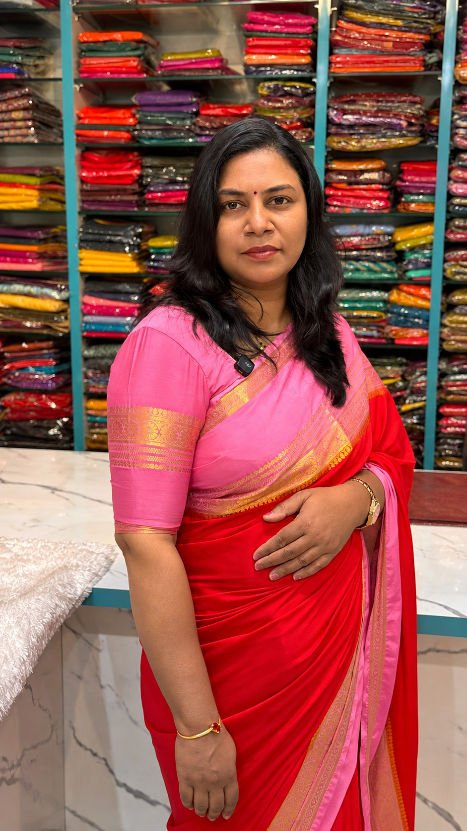 Premium Semi Mysore Crepe Red with pink
