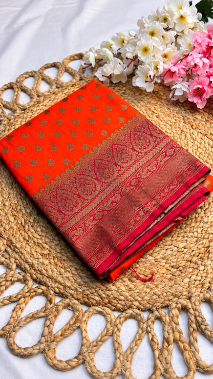 Khaddi Georgette New Design Orange with Pink Border