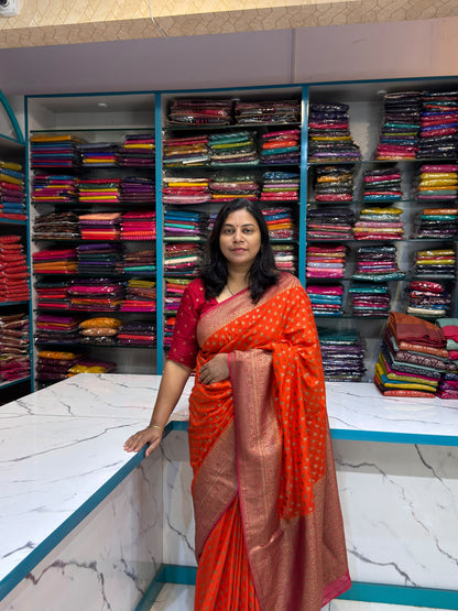 Khaddi Georgette New Design Orange with Pink Border