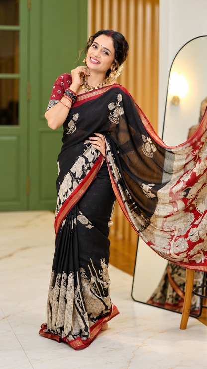 Mul Chanderi Kalamkari Design with Mirror Work