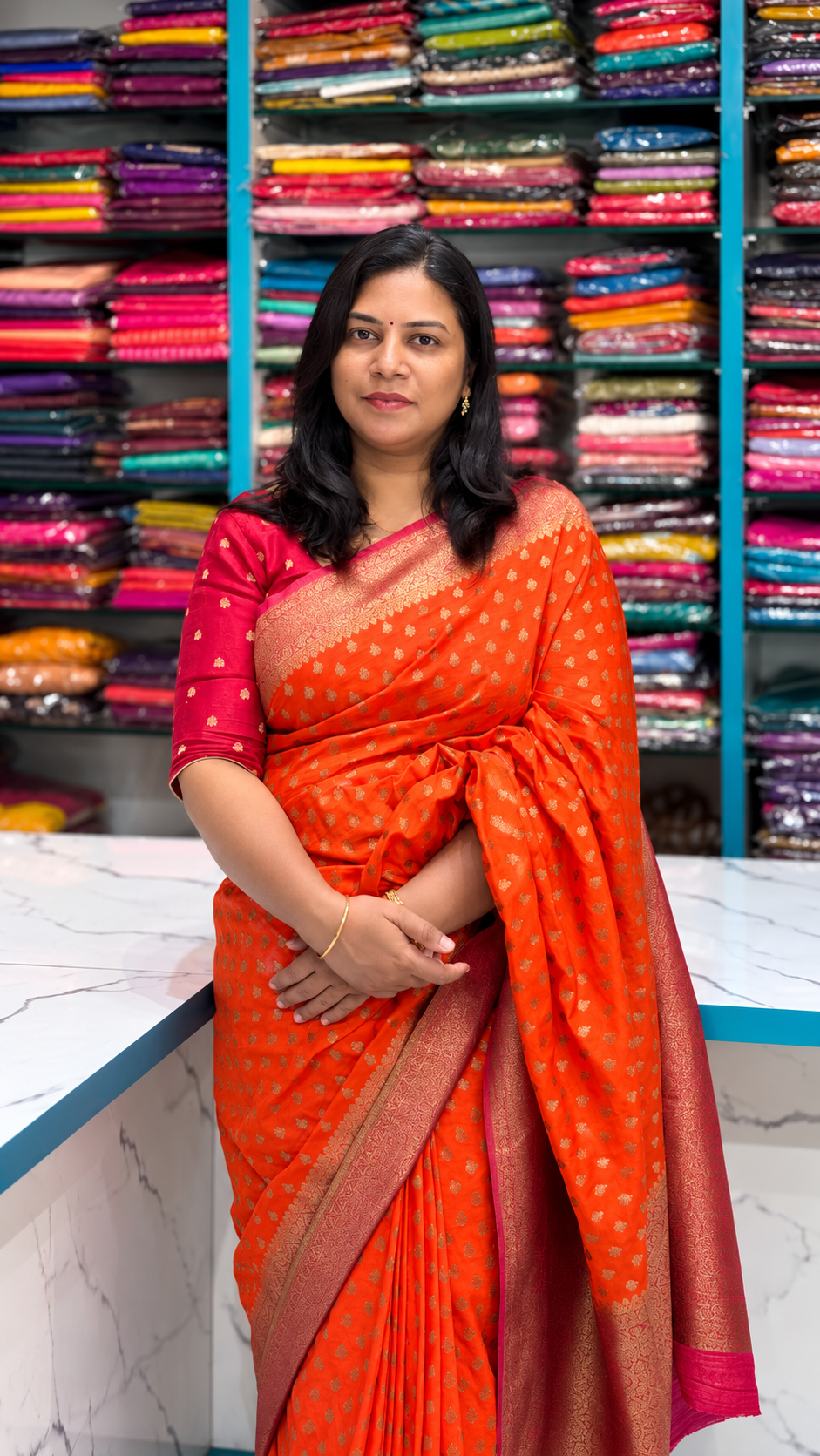Khaddi Georgette New Design Orange with Pink Border
