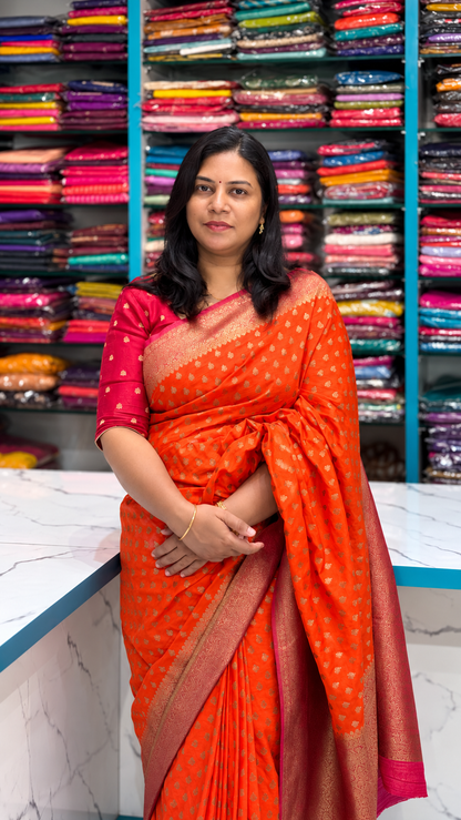 Khaddi Georgette New Design Orange with Pink Border