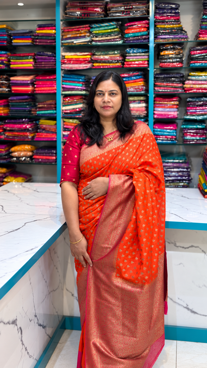 Khaddi Georgette New Design Orange with Pink Border