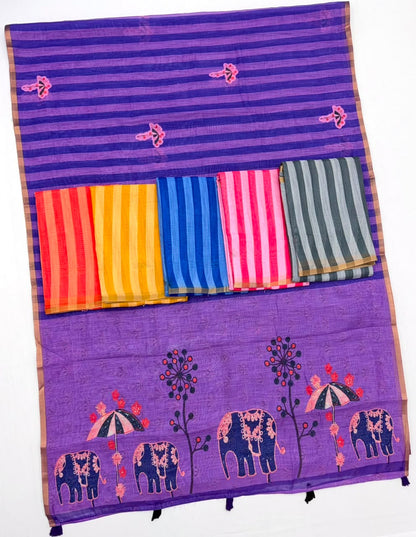 Soft Cotton Based Lenin with Zari Border and Fancy Tassels