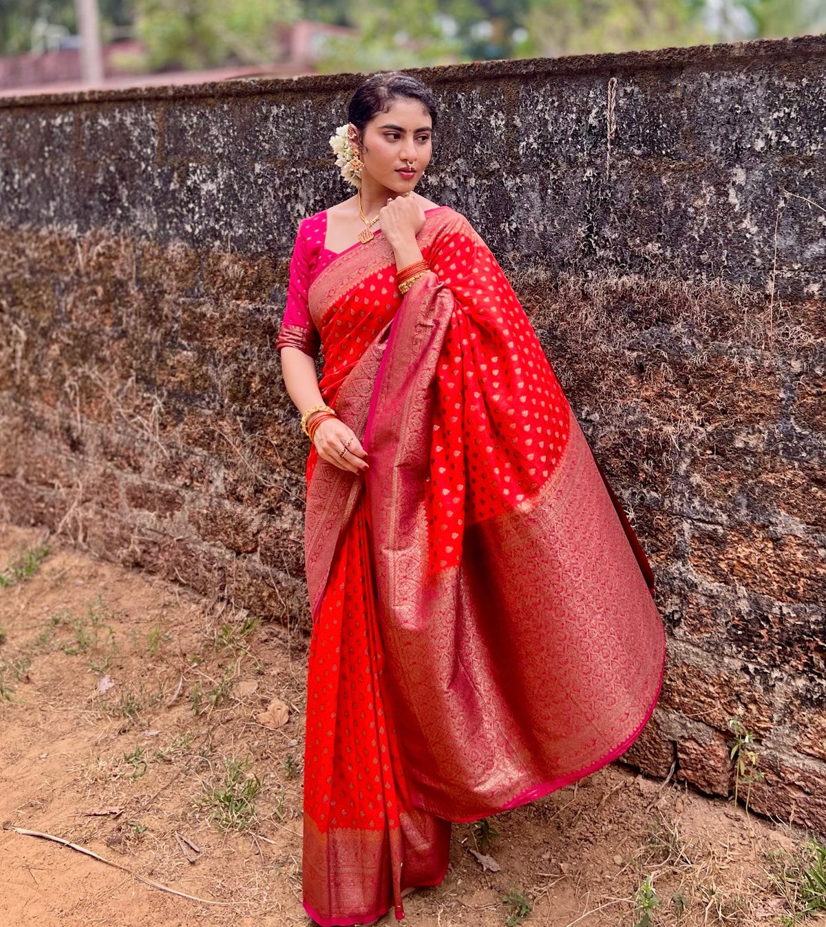 Premium Semi Khaddi Georgette and Orange with Pink Border