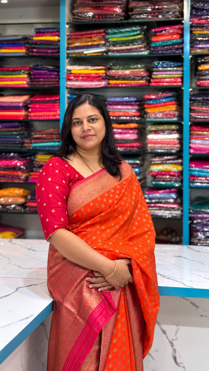 Khaddi Georgette New Design Orange with Pink Border