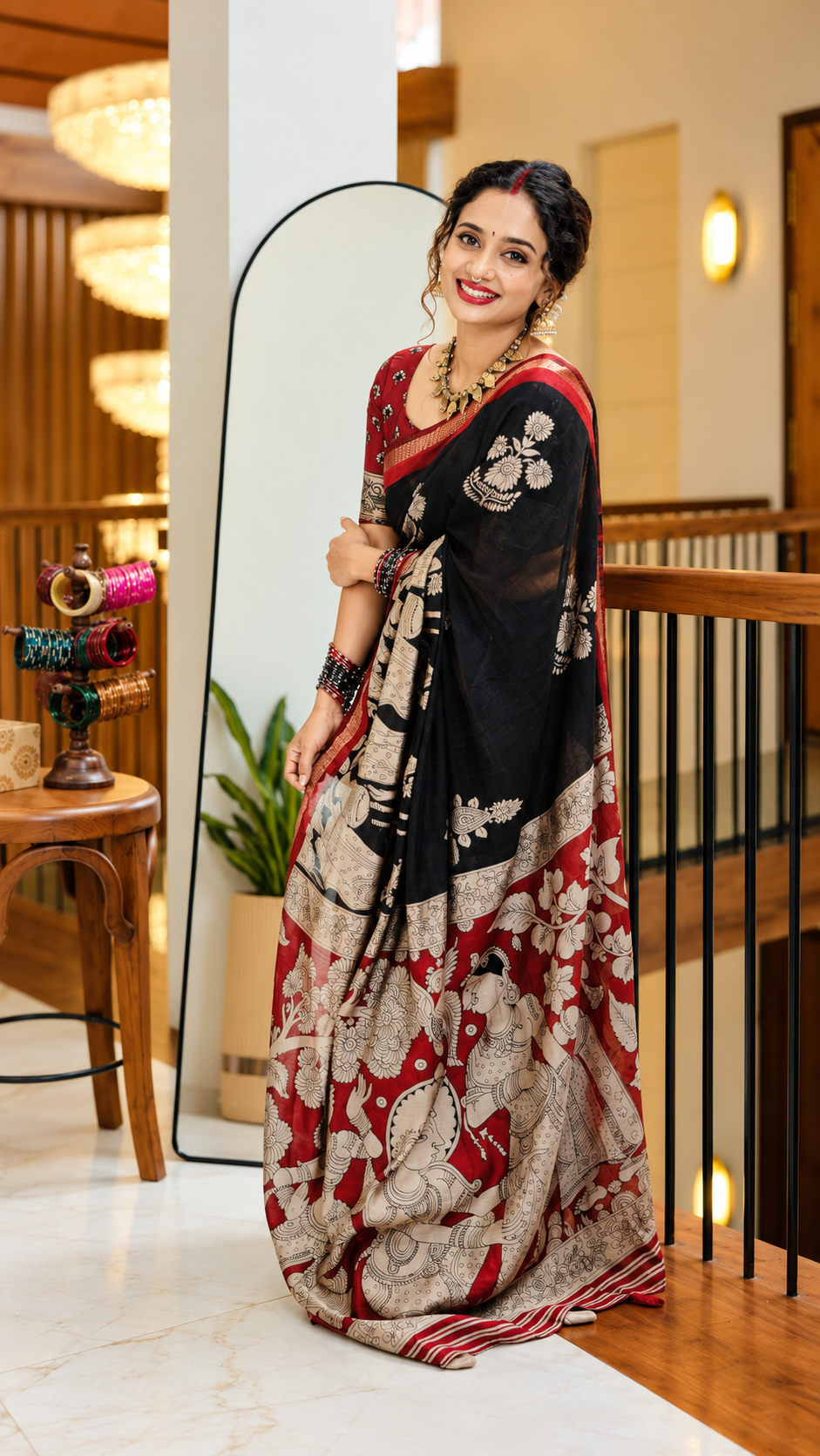 Mul Chanderi Kalamkari Design with Mirror Work