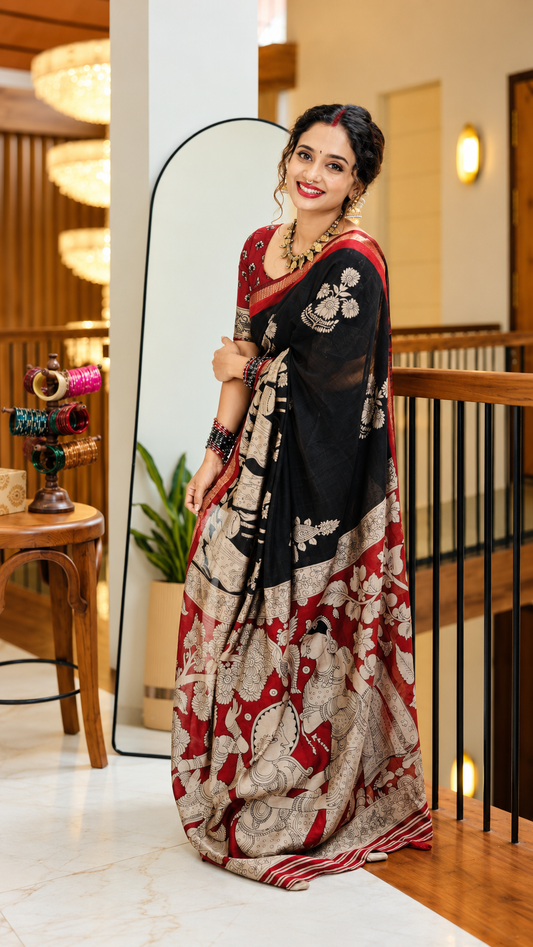 Mul Chanderi Kalamkari Design with Mirror Work