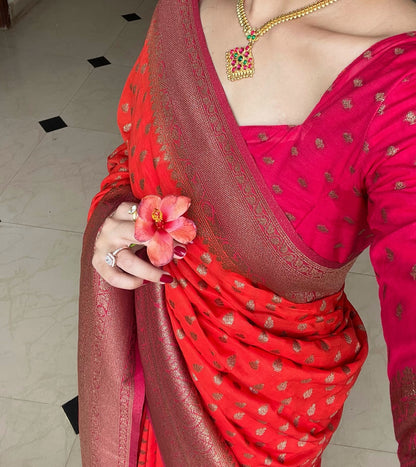 Premium Semi Khaddi Georgette and Orange with Pink Border